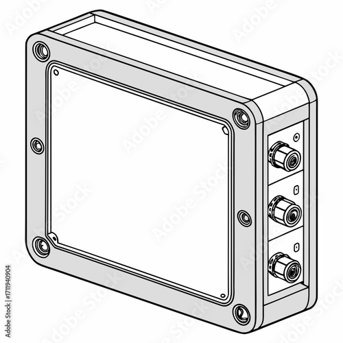 Isometric line drawing of a compact electronic device with a blank screen and three coaxial connectors