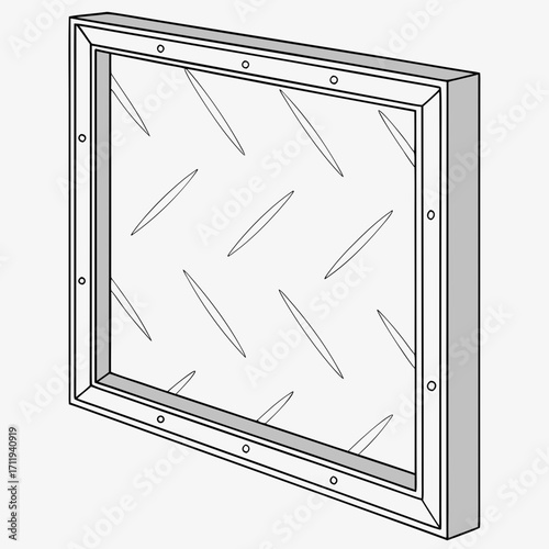 Isometric view of a framed diamond plate metal panel with a textured surface and visible rivets