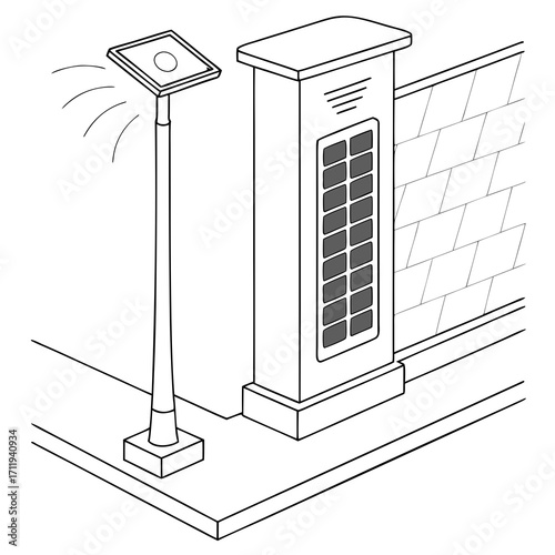 Isometric line drawing of a modern street lamp and an outdoor air conditioning unit against a brick wall
