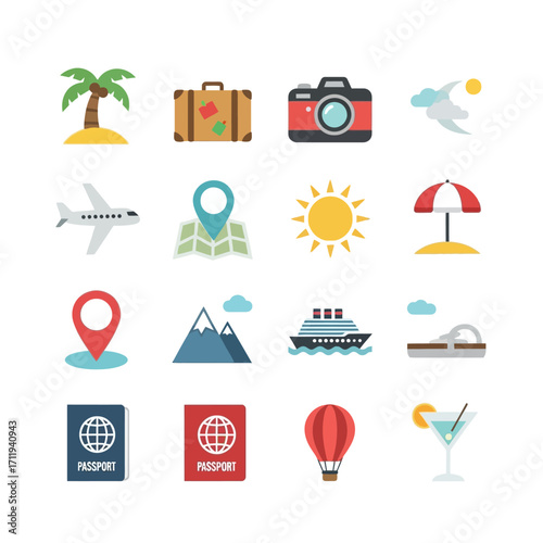 Travel and Vacation Icons Set - Suitcase, Camera, Airplane, and More.