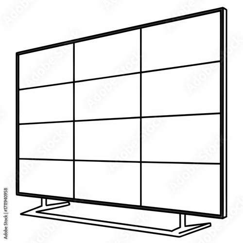 Modern flat screen television display with a grid of nine blank screens on a stand