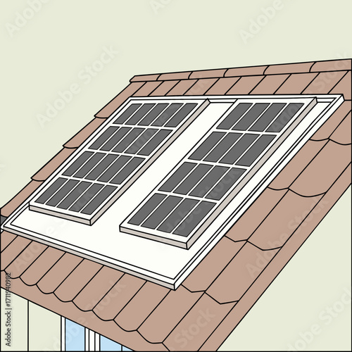 Modern home roof with two rows of solar panels installed on a tiled surface