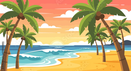 Tropical Beach Paradise with Palm Trees and Ocean Waves.