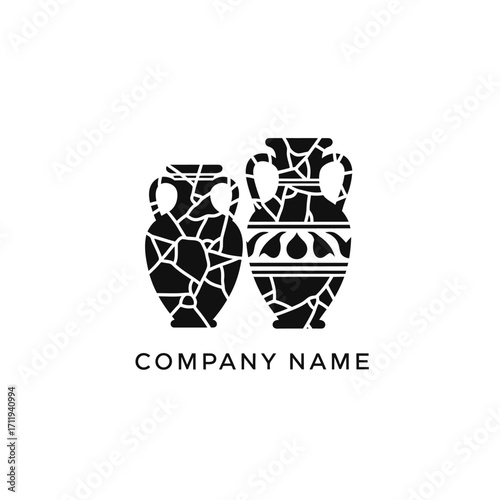 Two Ancient Vases with Cracks and Decorative Patterns for Company Logo.