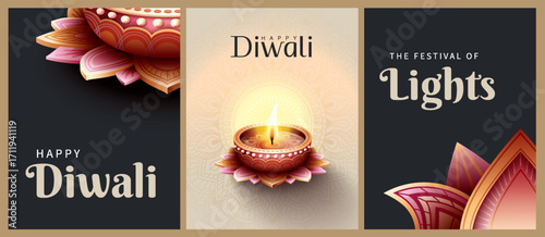 Happy Diwali festival with oil lamp, Rangoli decoration with Diya, Diwali holiday Background with rangoli, Diwali celebration greeting card,vector.