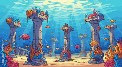 Underwater Ruins with Vibrant Coral and Fish Life.