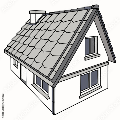 Simple illustration of a detached house with a gray tiled roof and chimney