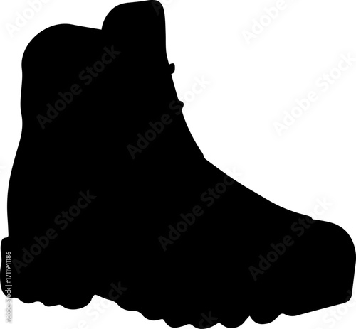 Vector isolated illustration silhouette of a mountaineering boot. Shoes for hiking in the mountains. Equipment for mountaineering and mountain tourism.