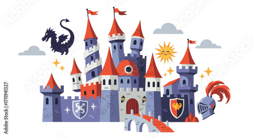 Whimsical Castle with Dragon and Knights Helmet Illustration.