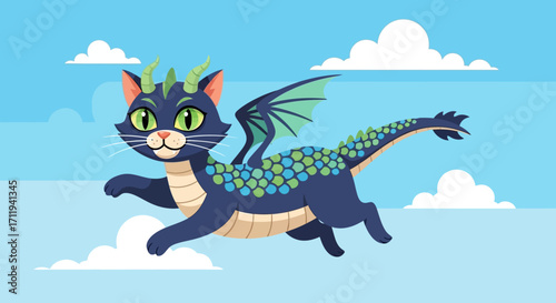 Whimsical Cat Dragon Hybrid Soaring Through a Sky of Clouds.