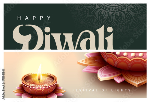 Happy Diwali festival with oil lamp, Rangoli decoration with Diya, Diwali holiday Background with rangoli, Diwali celebration greeting card,vector.