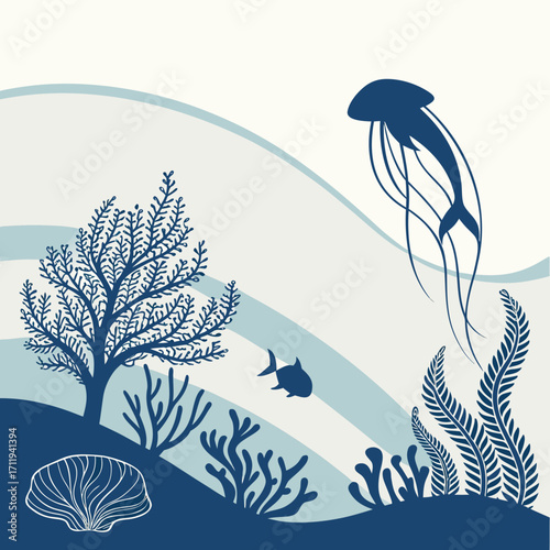 Stylized underwater scene with coral reef jellyfish fish and seashell in deep blue and light blue tones