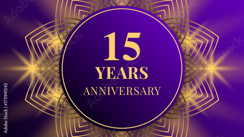 Elegant 15 years anniversary banner in purple gradient with golden mandala pattern, circular frame, and glowing light flares. Luxurious festive design for milestone celebration.