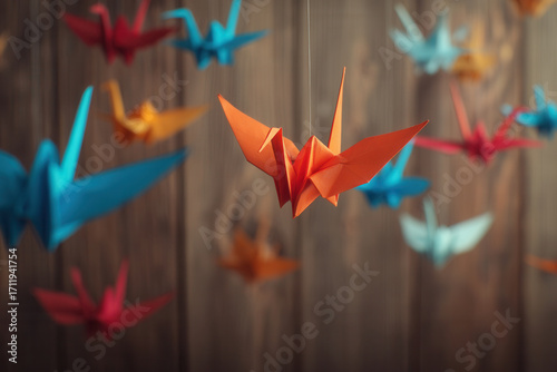 Colorful origami birds suspended against a wooden background create a vibrant decorative display