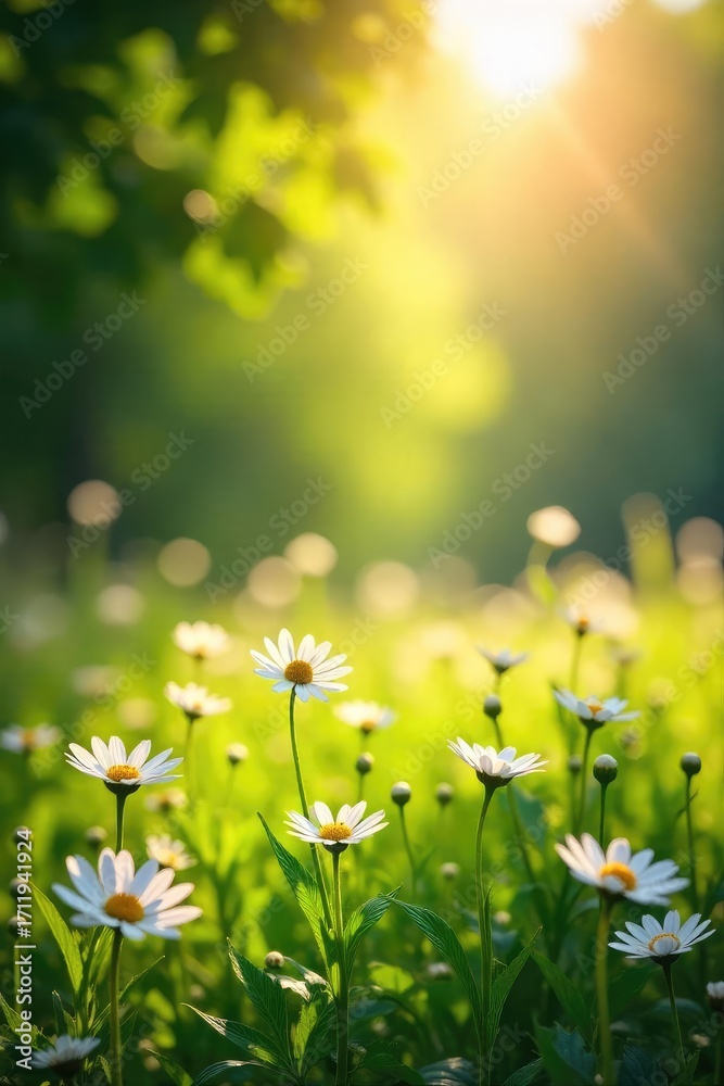 Obraz premium Sunlit Wildflowers Idyllic Field of Delicate Blooms, Peaceful Serenity, Joyful Spring Scene
