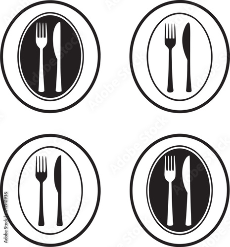 Four Plate Icons With Fork And Knife cutlery dining