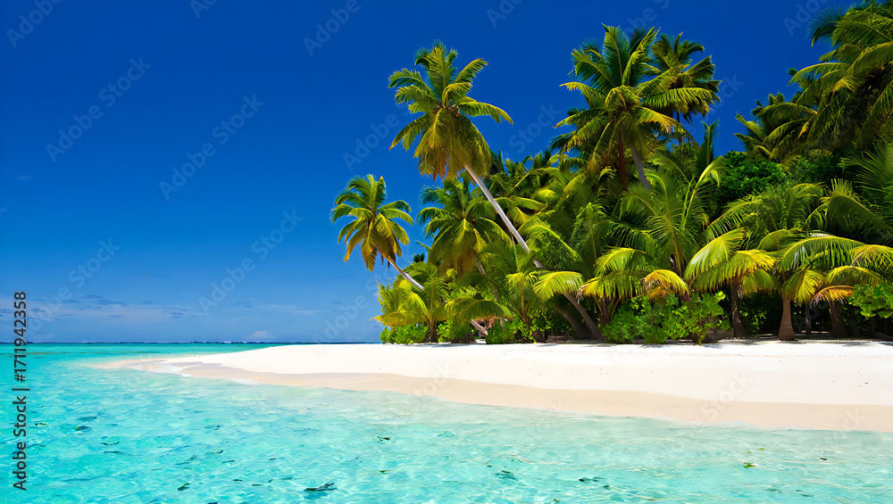 Obraz premium Tropical paradise with turquoise water and palm trees on a white sand beach under a clear blue sky a perfect vacation spot