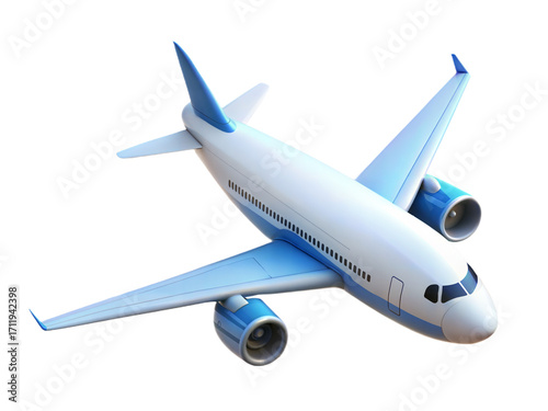 Modern white passenger airplane with blue accents flying high above