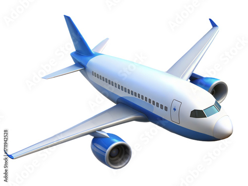Modern white passenger airplane with blue accents flying through the sky