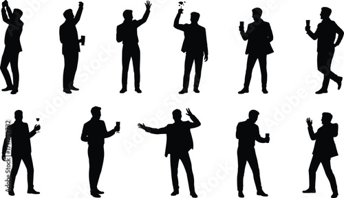 Silhouette of men in suits holding drinks, celebrating, waving hands, party scene, business event, social gathering, formal attire icons