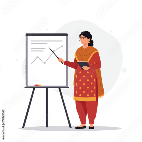 Professional Indian woman in a smart salwar kameez giving a presentation next to a whiteboard, captured in a vibrant 2D flat vector illustration with clean outlines.