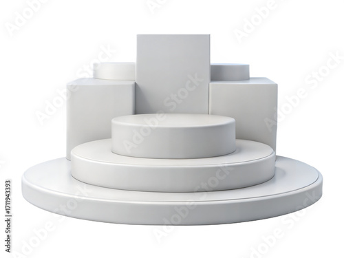 Multi-tiered display platform for product presentations and awards on a black background