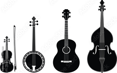 Silhouette of musical instruments violin, banjo, guitar, double bass, string instruments collection, black vector illustration, music, orchestra, performance