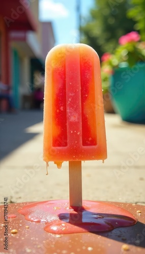 Sun-drenched popsicle melting on a hot sidewalk, vibrant summer colors, carefree summer vibes, nostalgic childhood memory , red, street, memory