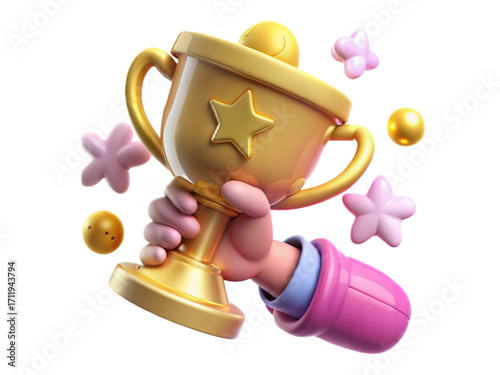 Golden trophy held high in a cartoon hand surrounded by stars and spheres