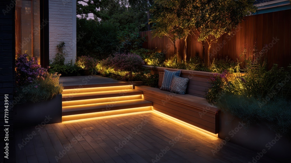 Fototapeta premium A wooden bench with lights on it