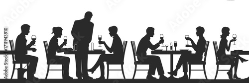Silhouette of people dining at restaurant, couples drinking wine, romantic dinner, waiter serving table, social gathering, fine dining, elegant atmosphere, evening out, celebration