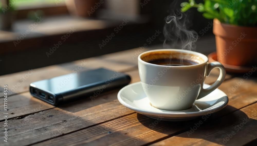 Obraz premium A steaming cup of coffee sits on a rustic wooden table, next to a small, portable battery pack, suggesting the energizing power of caffeine , breakfast, fuel