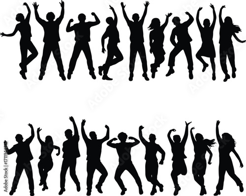 Silhouette of people jumping and dancing in group celebration, friends enjoying party, happy crowd, fun movement, energy, joy, vector illustration