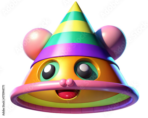 Festive cartoon party hat character with cheerful face and colorful stripes