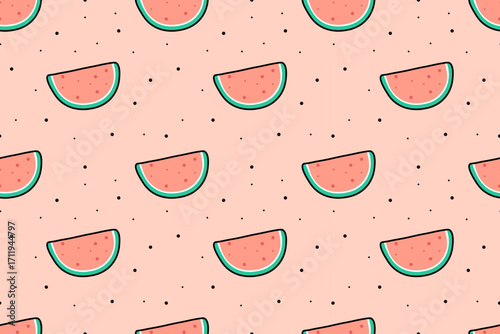 Cute seamless pattern, appetizing watermelon  background, black circles like watermelon seeds. Bright, fresh, summery mood. Flat design. For backgrounds, wallpapers, textiles, packaging or  website.
