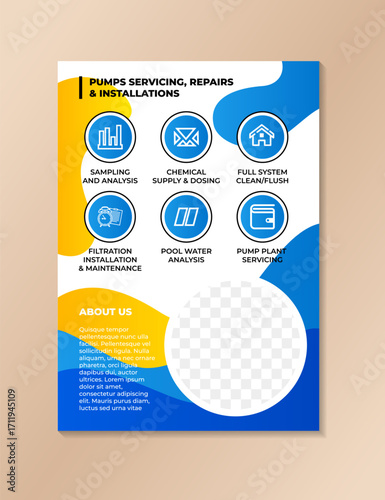 pumps servicing, repairs, and installations flyer template design on vertical layout. combination blue and yellow gradient on element isolated on white background. space for photo and infographic