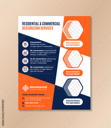Commercial and residential restoration services flyer template design on vertical layout. combination white, orange and blue gradient color with hexagon shape for photo space.