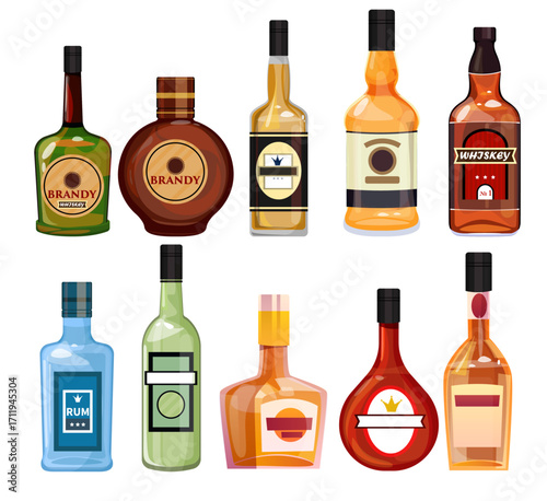 Flat colorful sketch illustration of brandy bottles icons.ai