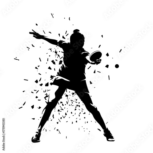 Table tennis player, woman playing ping pong, front view, isolated vector silhouette. Sports with dispersion effect