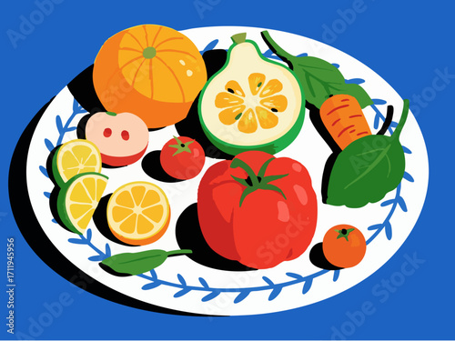 Colorful Fruit Vegetable Plate 3D Render for Healthy Eating