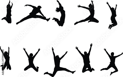 Silhouette of people jumping in the air, energetic pose, joyful expression, freedom, success, dance motion, active lifestyle, happiness, celebration, movement, black vector illustration
