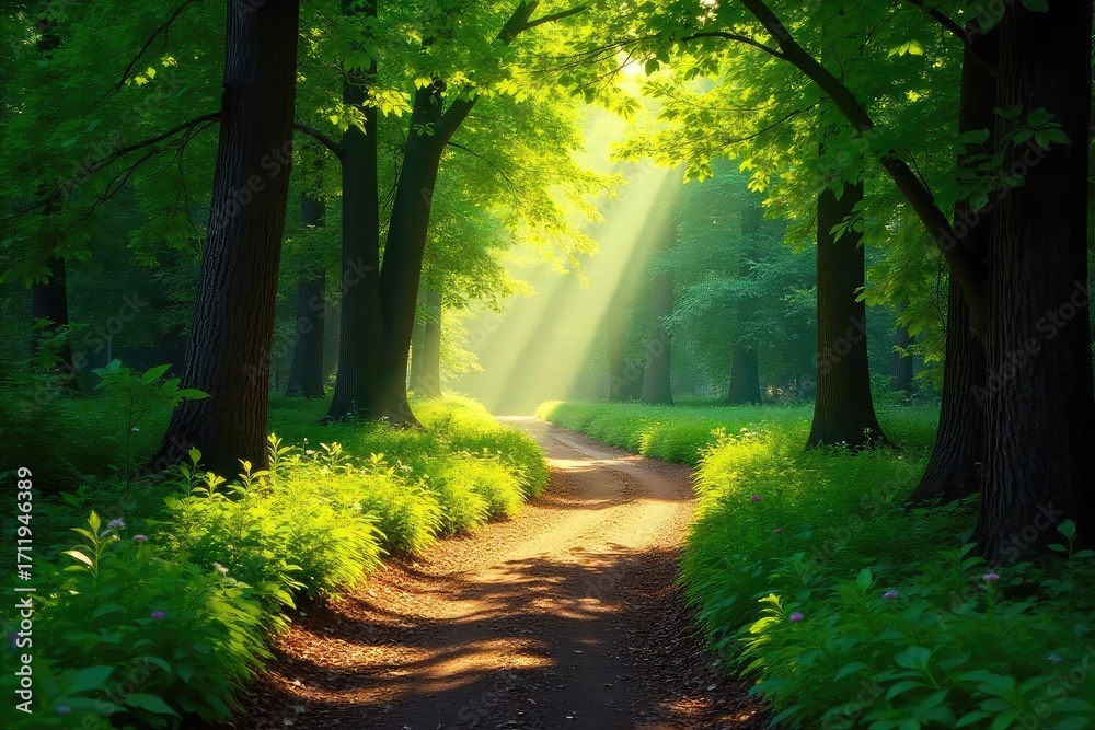Obraz premium Sun-dappled forest path winding through lush green foliage, dappled sunlight filtering through leaves A tranquil scene of nature's beauty, perfect for relaxation and escape , natural, forest