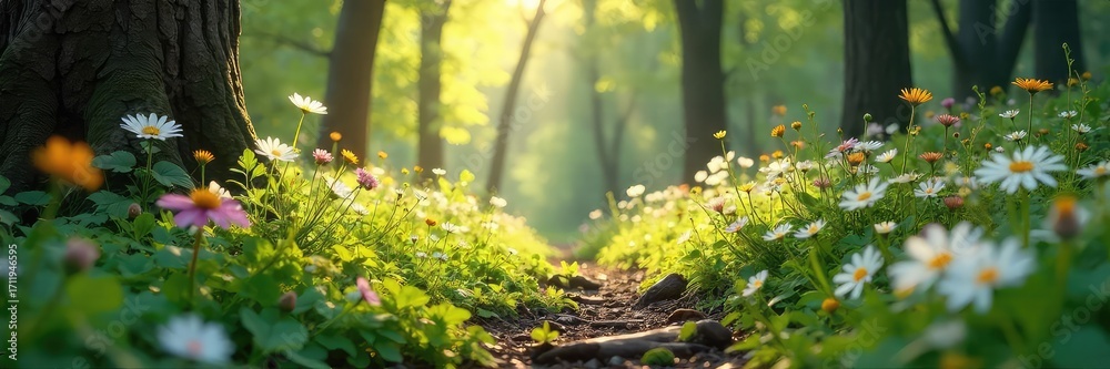 Obraz premium Sun-dappled forest floor bursting with wildflowers, lush greenery, and delicate blooms Perfect for spring, nature, and floral themes , spring, environment, botanical