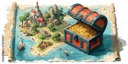 Open treasure chest revealing gold coins on ancient nautical map with island and sailing ship