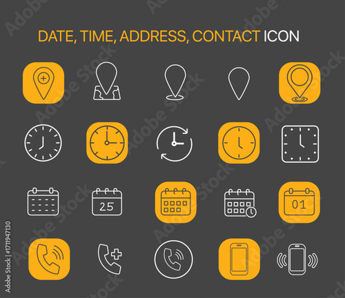 Place, Time, Date and Notification line icons. Calendar, address location pointer and alarm bell. Notice alert, business schedule and office time clock. Location place, date reminder. Vector See Less
