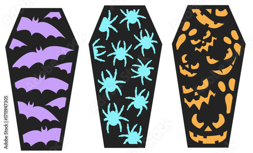 Halloween coffins with scary face pumpkin, bats and spider, Spooky 