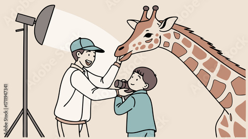 A photographer and assistant take photos of a giraffe during a photoshoot with studio lighting.