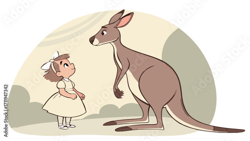 A little girl and a kangaroo looking at each other cute cartoon illustration for childrens book card or print.