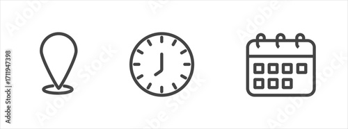 Place, Time, Date and Notification line icons. Calendar, address location pointer and alarm bell. Notice alert, business schedule and office time clock. Location place, date reminder. Vector See Less
