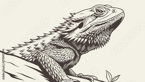 Bearded Dragon Lizard Reptile Line Art Illustration Wildlife Animal Drawing Vintage Style Graphic Design for Print Tattoo Poster.